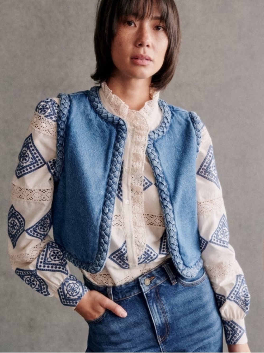 Sézane Abby Jacket Vest Blue Braided-Trim Denim Vest - Women